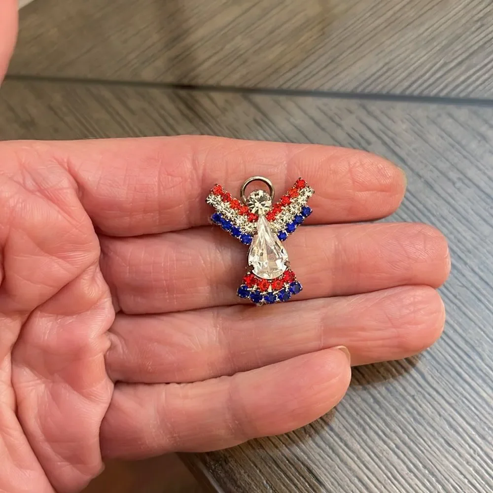 Vintage Ballou Red White Blue Rhinestone Angel Pin